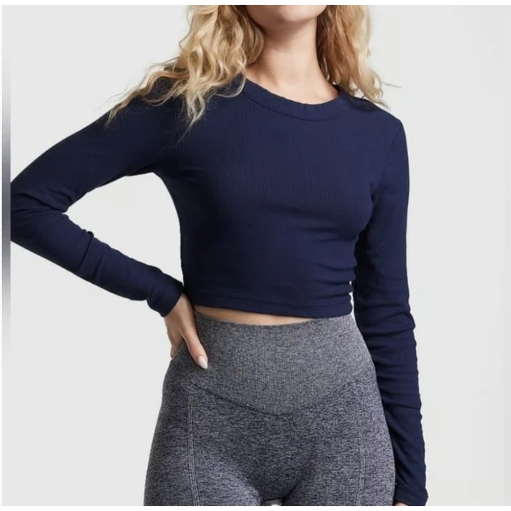 PINK Victoria's Secret Small Navy Blue Ribbed Long Sleeve Crop Top 946226-QEC